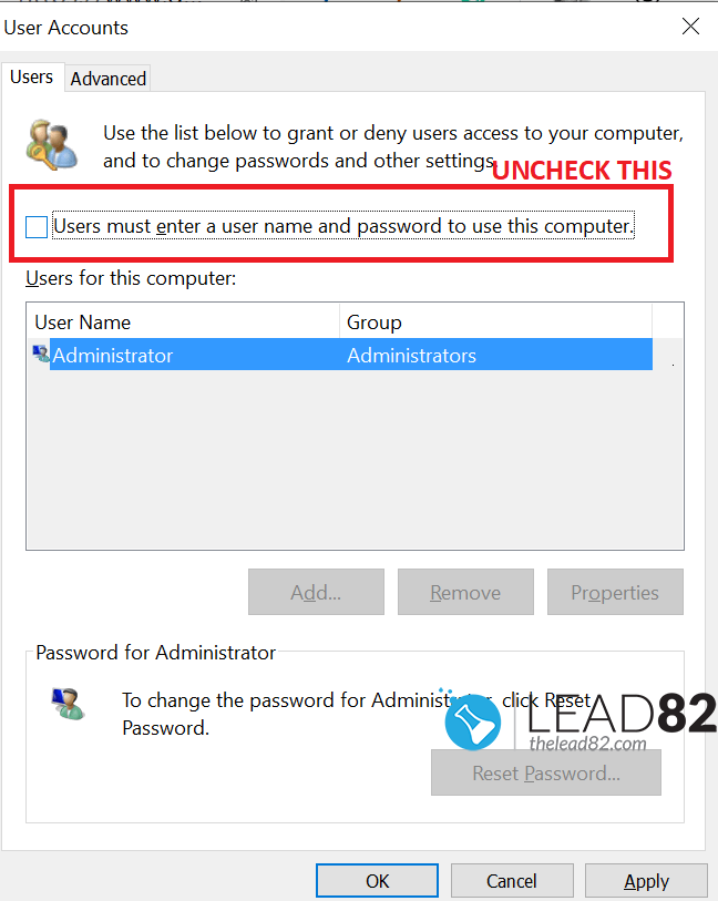 windows disable password