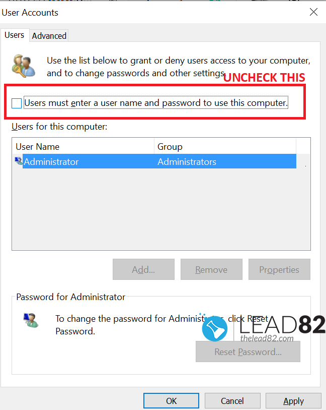 windows disabilita la password