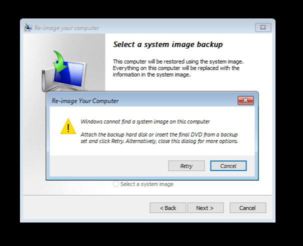 windows selecciona una copia de seguridad de la imagen del sistema