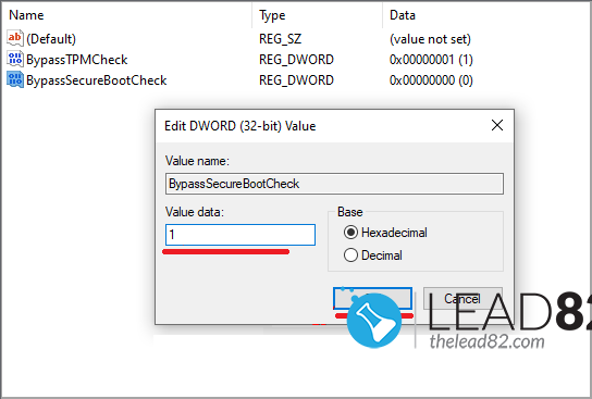 impostare BypassTPMCheck e BypassSecureBootCheck DWORD a 1