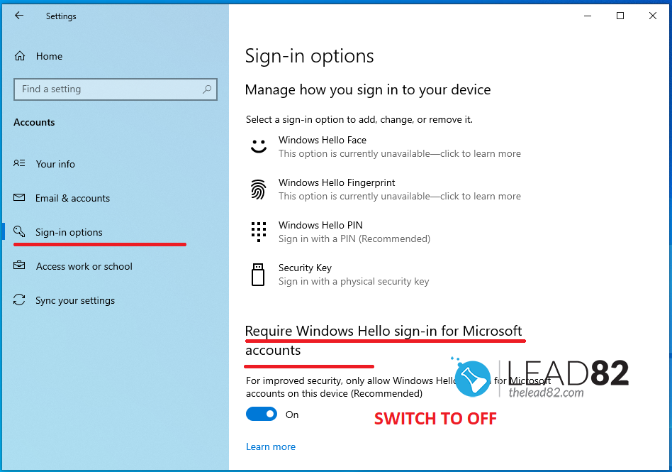 disable PIN and Windows Hello in Windows settings