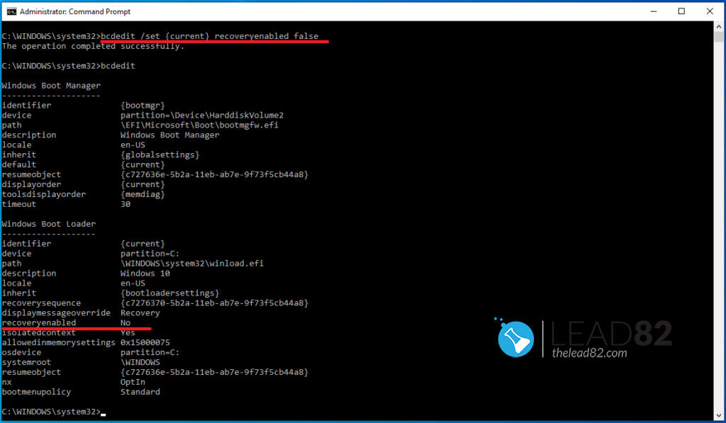 windows 10 disable automatic recovery by using bcdedit
