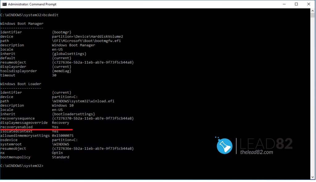 windows 10 use bcdedit to see the current state of automatic recovery