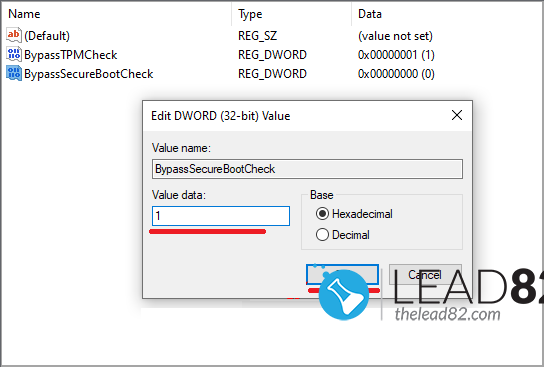 set BypassTPMCheck and BypassSecureBootCheck DWORD to 1